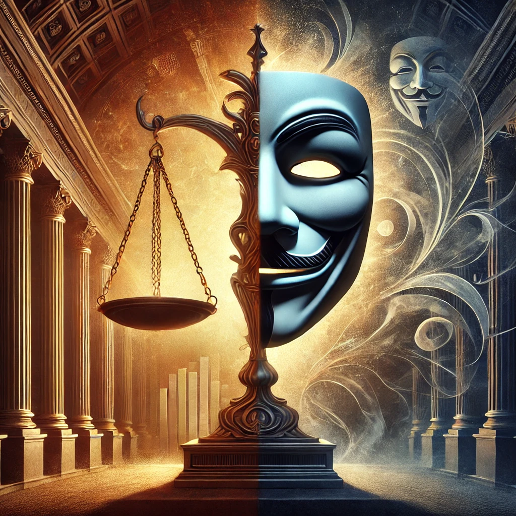 Split image showing half of an anonymous mask and half of the scales of justice What?