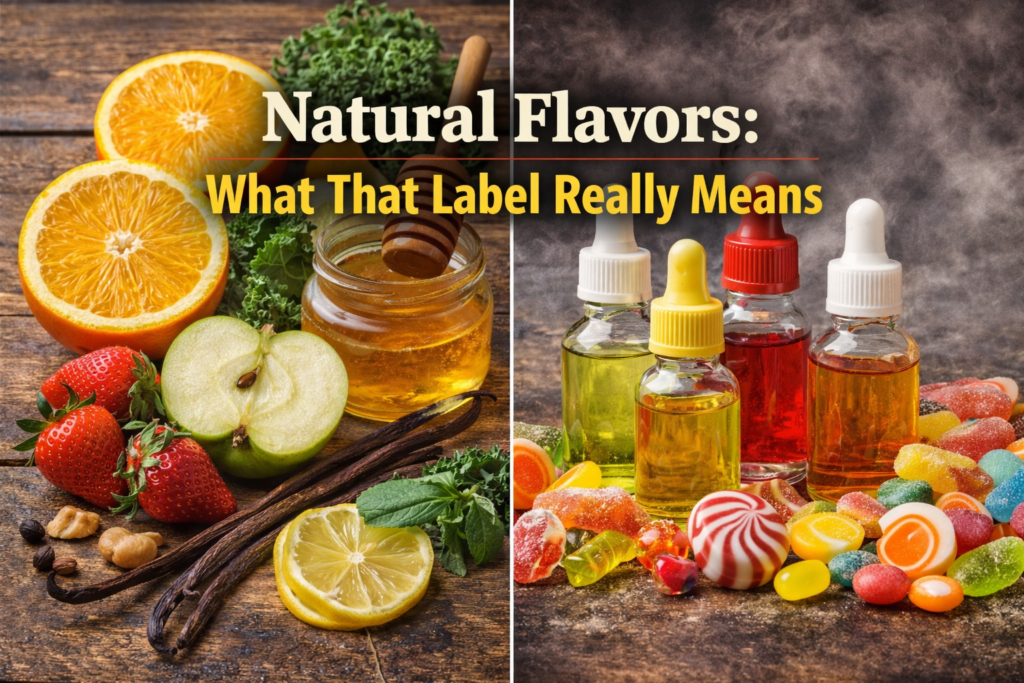 Natural Flavors: What That Label Really Means (and Why It Matters) Food packaging with ingredient labels highlighting “natural flavors,” shown alongside laboratory-style flavor compounds to illustrate how flavoring is developed