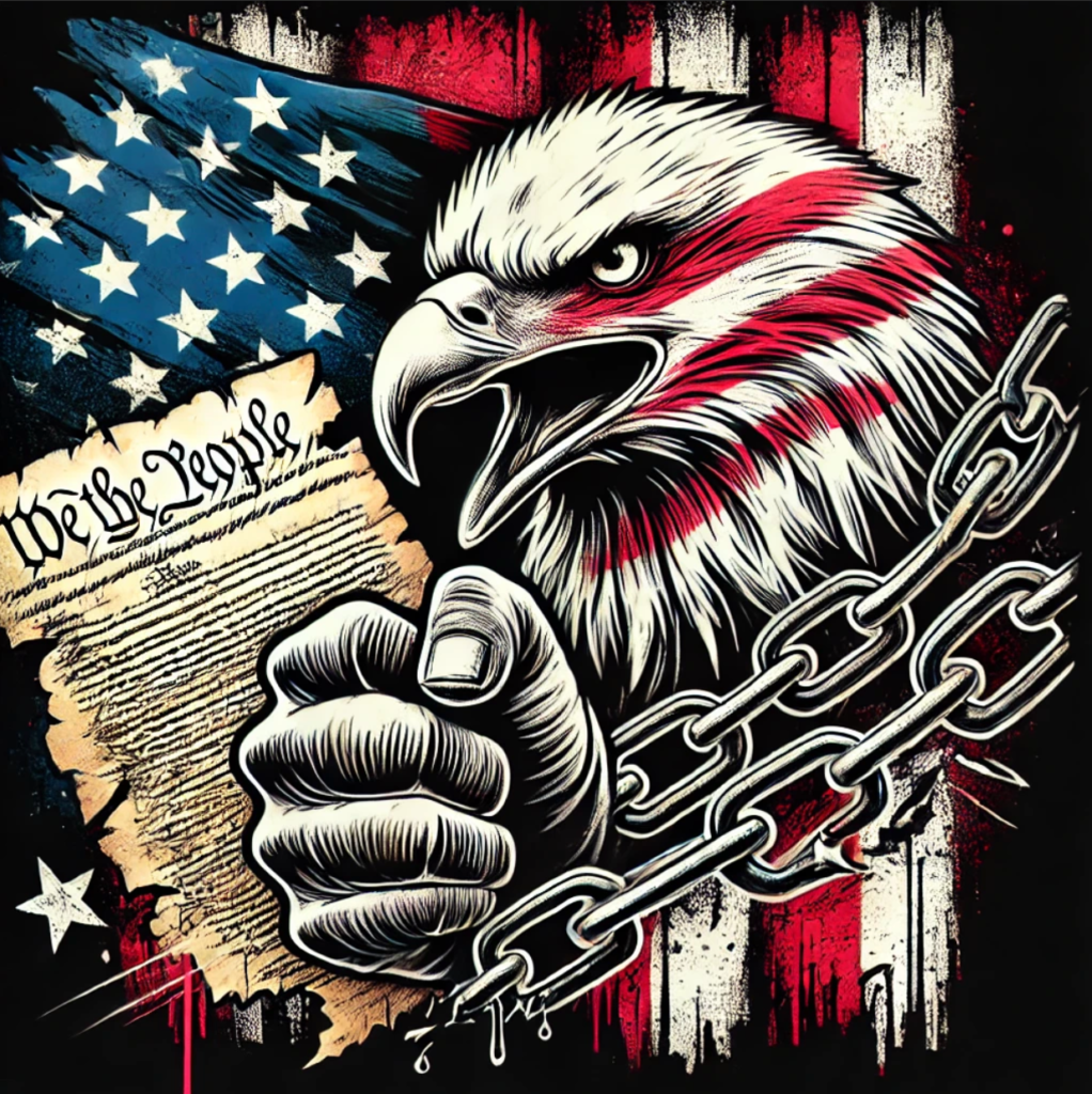 Eagle and American flag with a raised fist and chains over the words “We the People” from the U.S. Constitution, representing accountability and civic responsibility.