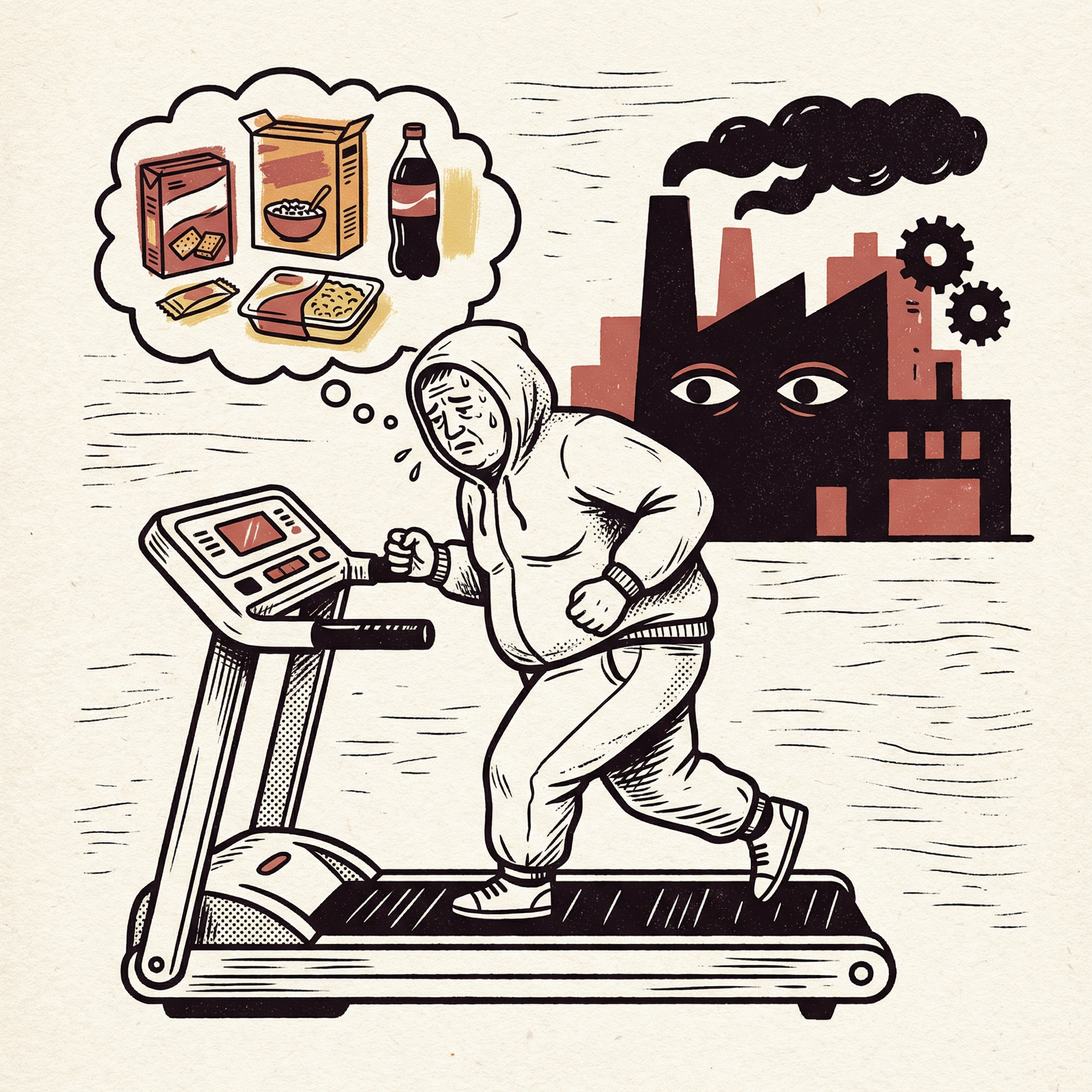 Illustration of an overweight person running on a treadmill while thinking about processed food, with a factory looming in the background