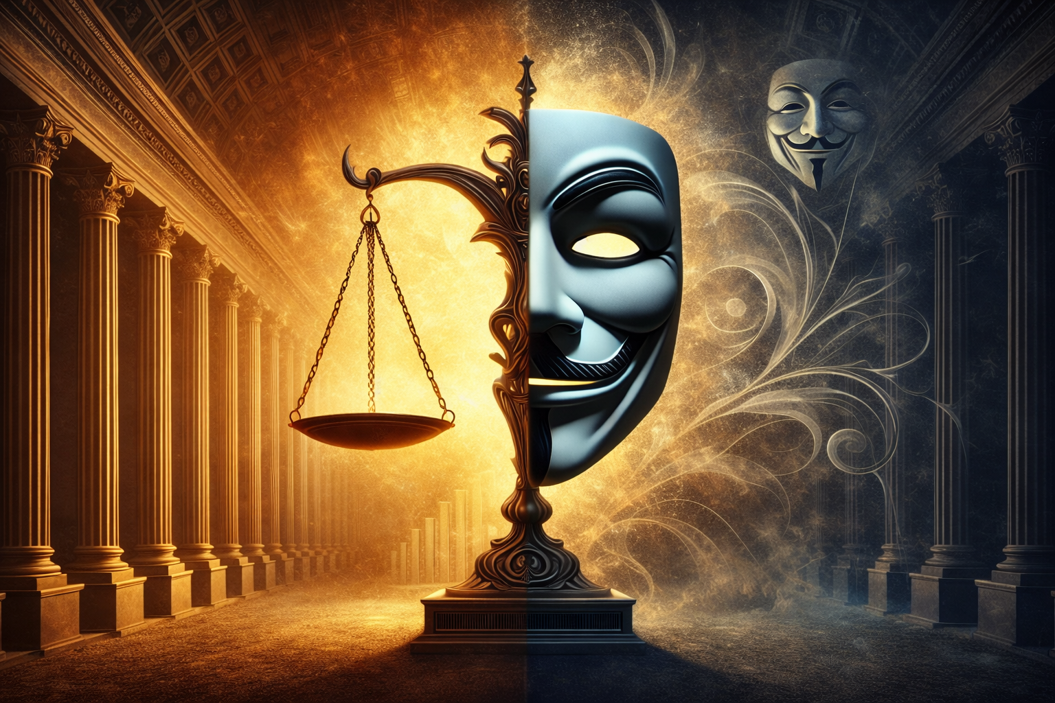 Split image showing scales of justice and a Guy Fawkes mask symbolizing truth, power, and defiance